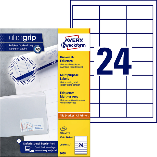 Etiket Avery Zweckform 3658 64.6×33.8mm wit 2400stuks