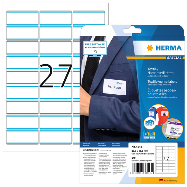 Naambadge etiket HERMA 4513 63.5×29.6mm wit/blauw