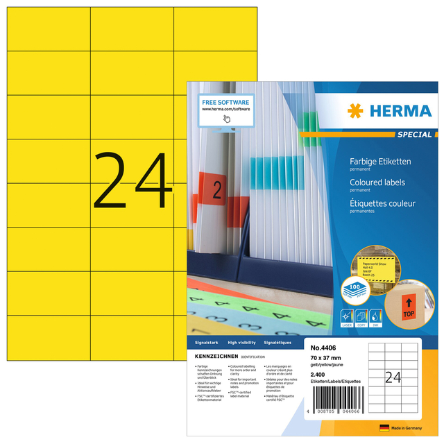 Etiket HERMA 4406 70x37mm geel 2400stuks