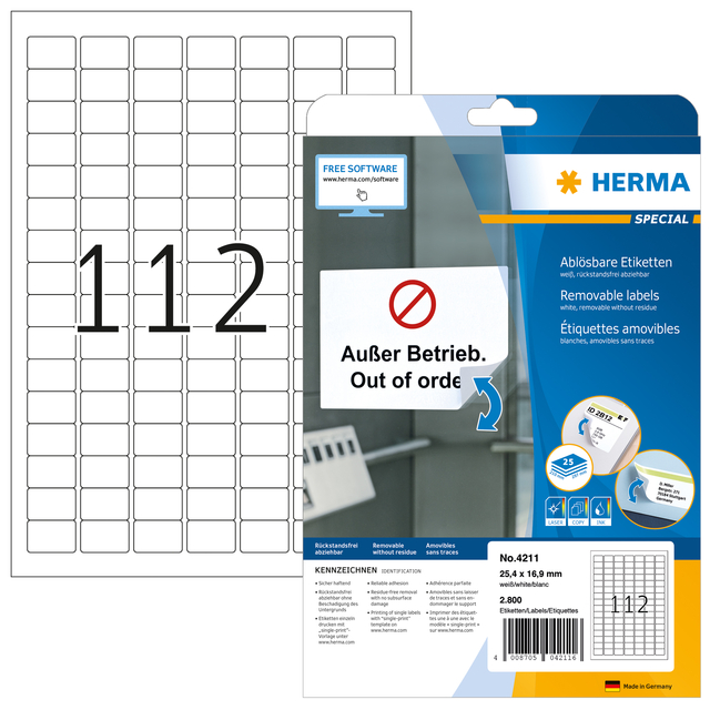 Etiket HERMA 4211 25.4×16.9mm verwijderbaar wit 2800stuks