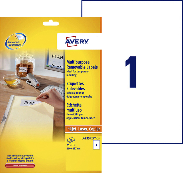 Etiket Avery L4735REV-25 210x297mm A4 afneembaar wit 25stuks