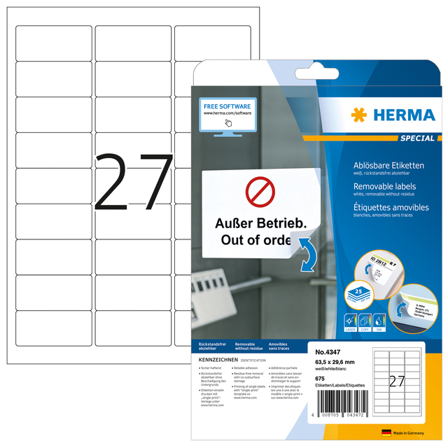 Etiket HERMA 4347 63.5×29.6mm verwijderbaar wit 675stuks