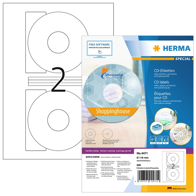 Etiket HERMA 4471 CD 116mm wit opaqua 200stuks