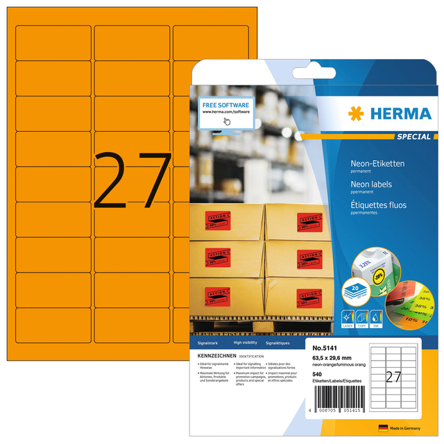 Etiket HERMA 5141 63.5×29.6mm neonoranje 540stuks