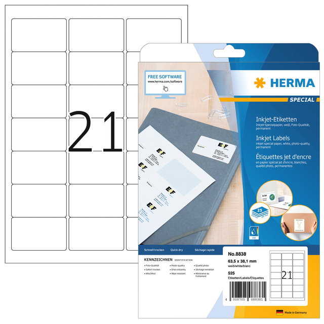 Etiket HERMA 8838 63.5×38.1mm mat wit 525stuks