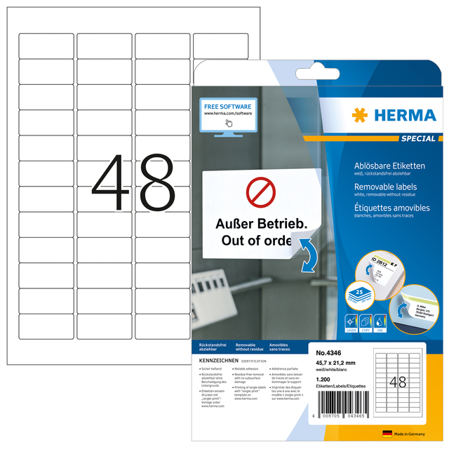 Etiket HERMA 4346 45.7×21.2mm verwijderbaar wit 1200stuks