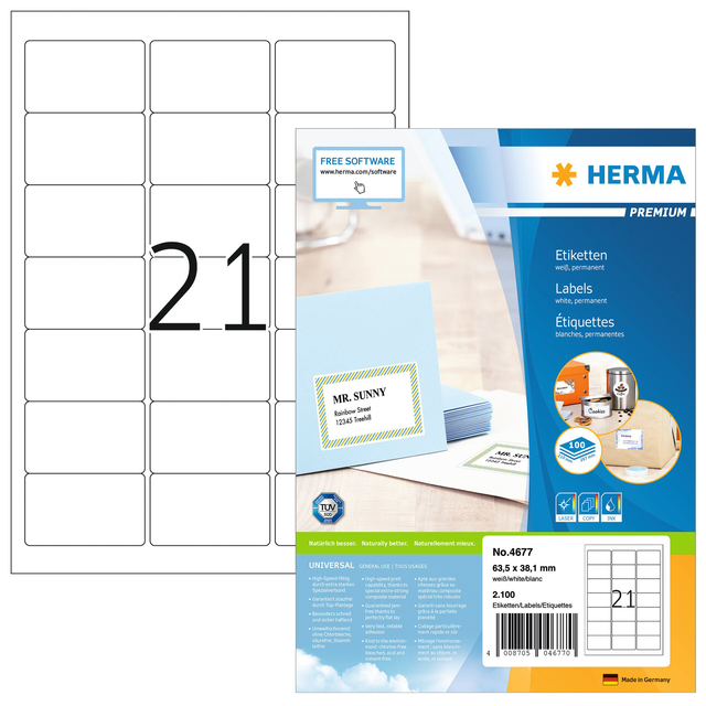 Etiket HERMA 4677 63.5×38.1mm premium wit 2100stuks