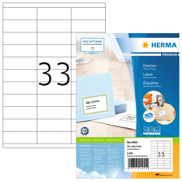 Etiket HERMA 4455 70×25.4mm premium wit 3300stuks