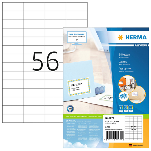 Etiket HERMA 4273 52.5×21.2mm premium wit 5600stuks