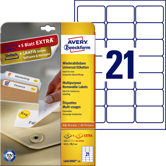 Etiket Avery Zweckform L6023REV-25 63.5×38.1mm afneembaar wit 525stuks