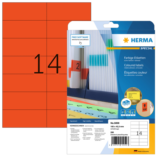 Etiket HERMA 5059 105×42.3mm verwijderbaar rood 280stuks