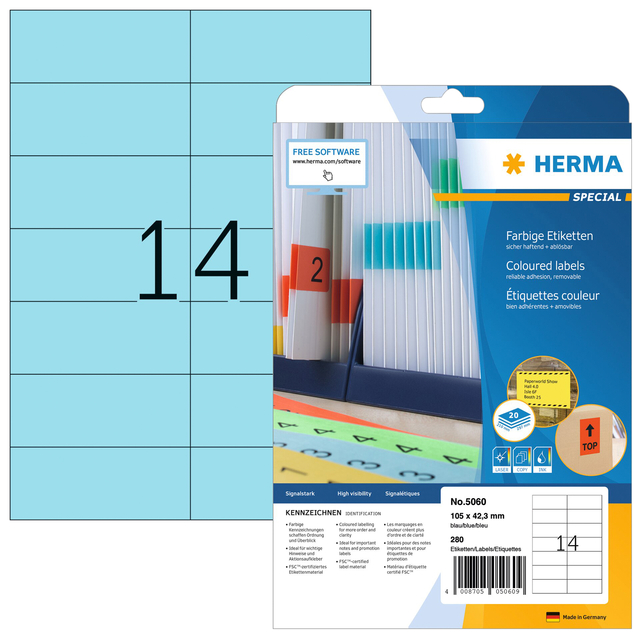 Etiket HERMA 5060 105×42.3mm verwijderbaar blauw 280stuks