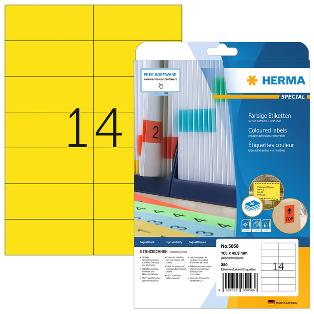 Etiket HERMA 5058 105×42.3mm verwijderbaar geel 280stuks