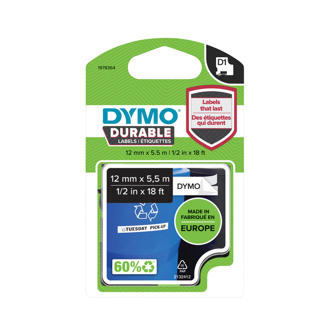 Labeltape Dymo LabelManager D1 polyester 12mm duurzaam zwart op wit