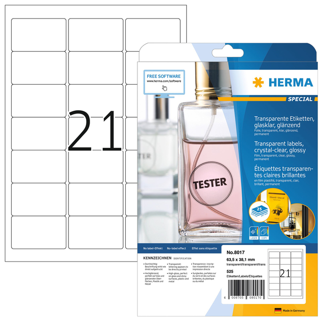 Etiket HERMA 8017 63.5×38.1mm transparant 525 stuks