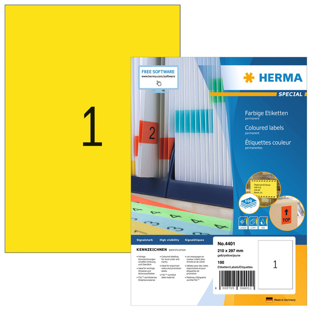 Etiket HERMA 4401 210x297mm A4 geel 100stuks