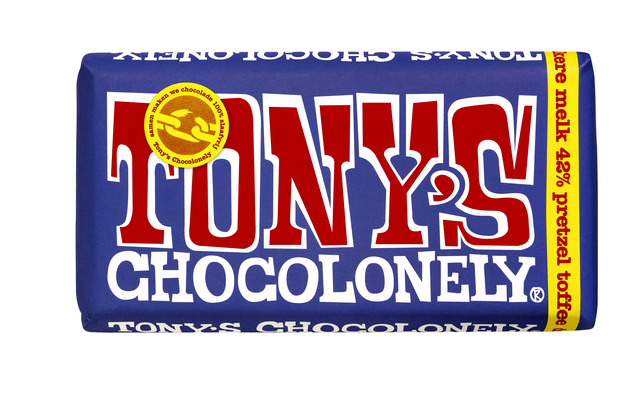 Chocolade Tony’s Chocolonely donker melk pretzel toffee reep 180gr