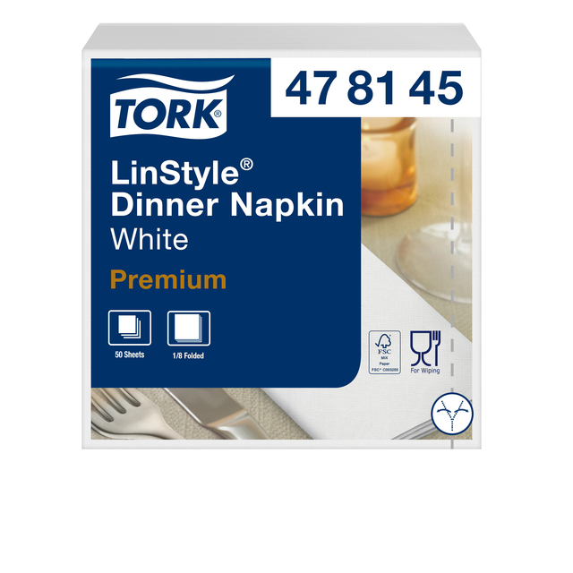 Dinnerservetten Tork Premium LinStyle® 1/8 gevouwen 1-laags 50 stuks wit 478145