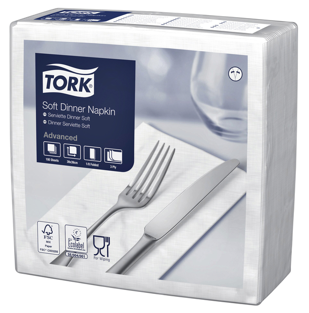 Dinnerservetten Tork 1/8 vouw 3- laags 100st wit  477579