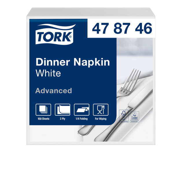 Dinerservetten Tork 2-laags 1/4-vouw 150 stuks wit 478746