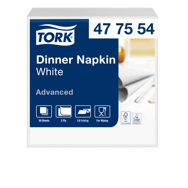 Dinnerservetten Tork 1/8 vouw 2-laags 150st wit  477554