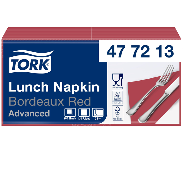 Servetten Tork 2-laags 1/4 gevouwen 200 stuks bordeaux 477213