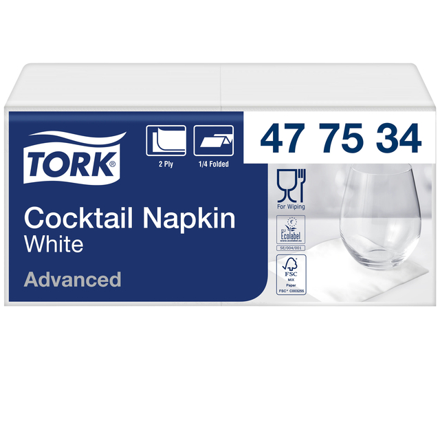 Cocktailservetten Tork 1/4-vouw 2-laags 200 stuks wit 477534