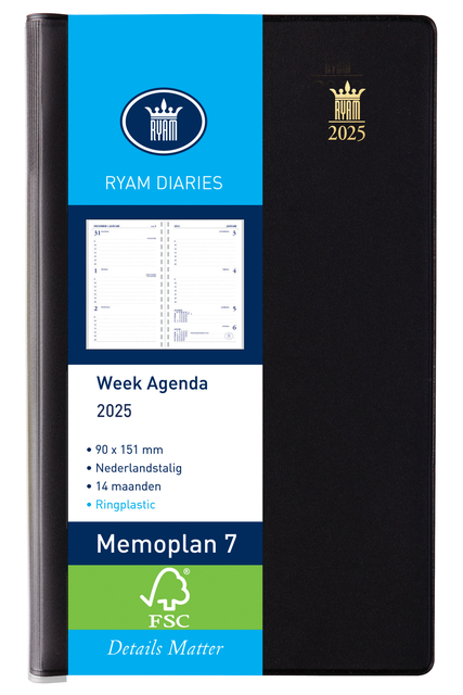 Agenda 2025 Ryam Memoplan 7 Suprema ringplastic 7dagen/2pagina’s zwart