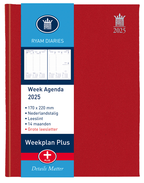 Agenda 2025 Ryam Weekplan Plus Mercury 7dagen/2pagina’s rood