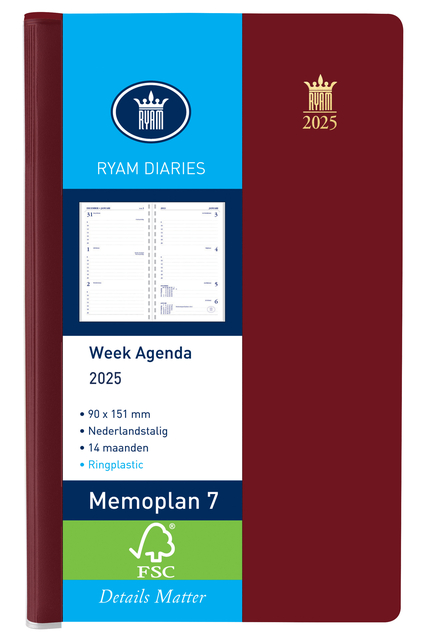 Agenda 2025 Ryam Memoplan 7 Suprema ringplasic 7dagen/2pagina’s bordeaux