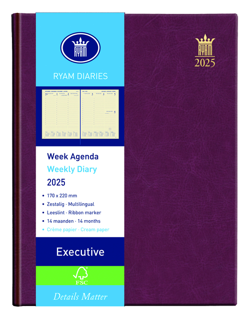 Agenda 2025 Ryam Executive Mundior 7dagen/2pagina’s bordeaux