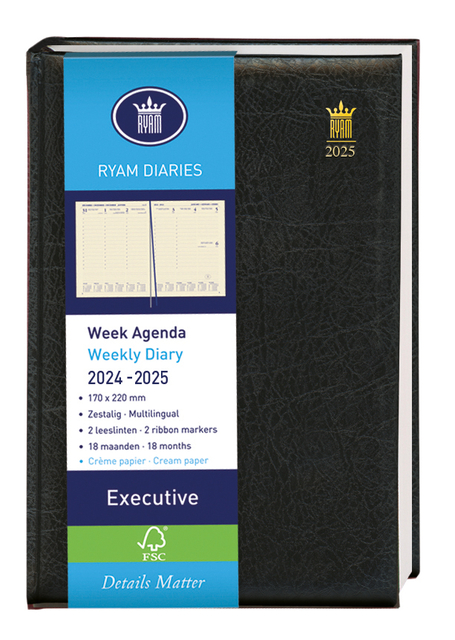 Schoolagenda 2024-2025 18mnd Ryam Executive Mundior 7dagen/2pagina’s zwart