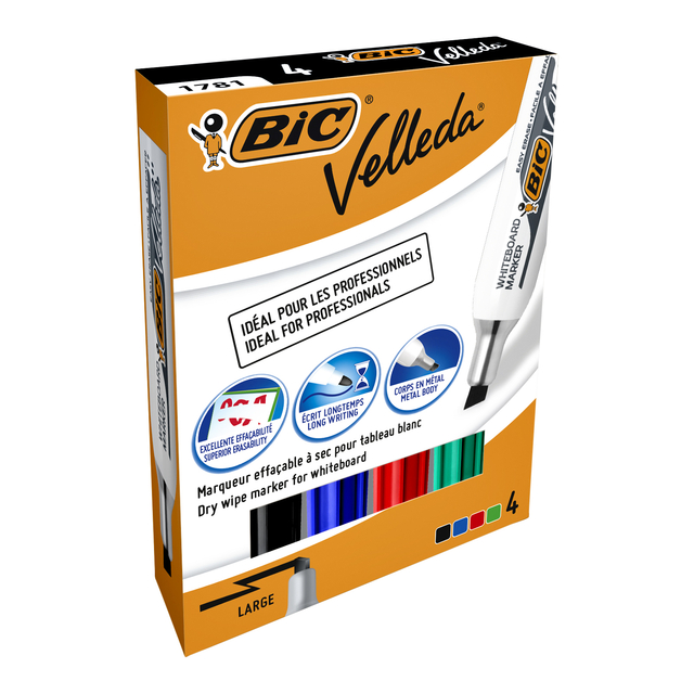 Viltstift Bic Velleda 1781 whiteboard schuin large assorti set à 4 stuks