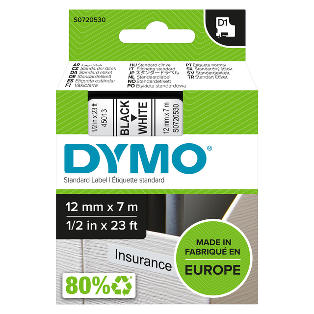 Labeltape Dymo LabelManager D1 polyester 12mm zwart op wit