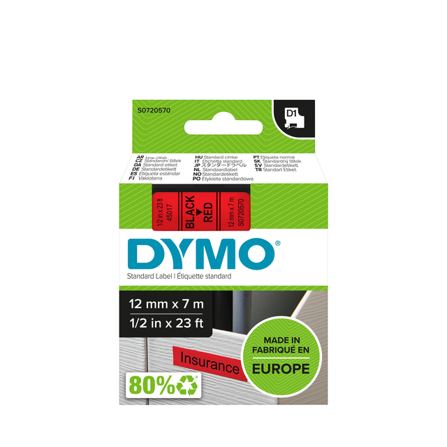 Labeltape Dymo LabelManager D1 polyester 12mm zwart op rood