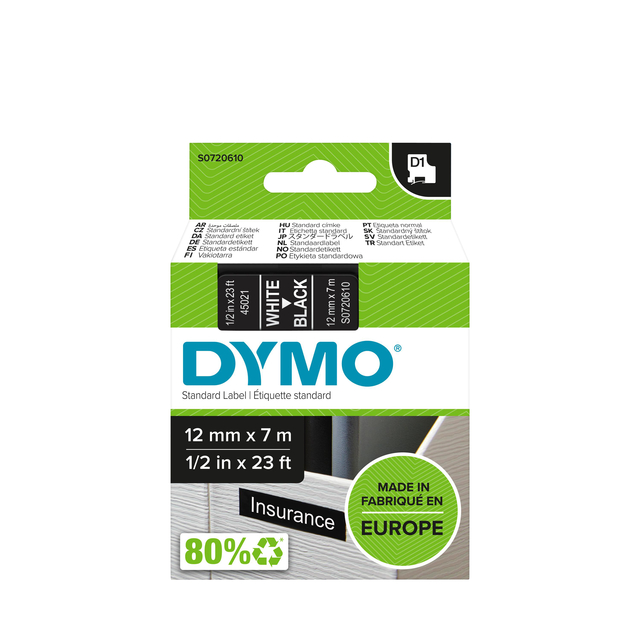 Labeltape Dymo LabelManager D1 polyester 12mm wit op zwart