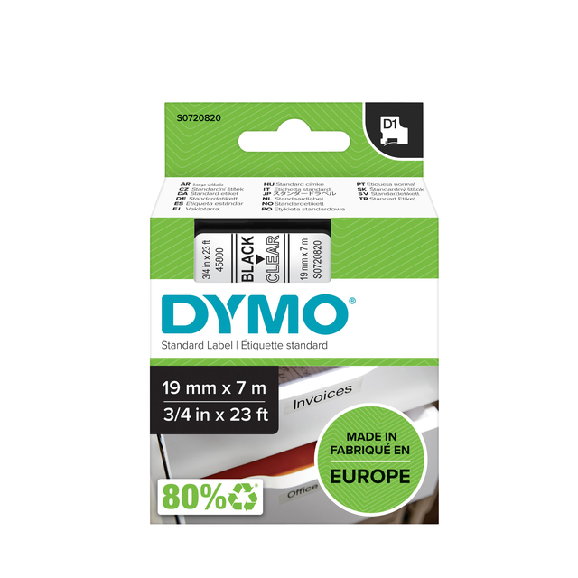 Labeltape Dymo LabelManager D1 polyester 19mm zwart op transparant