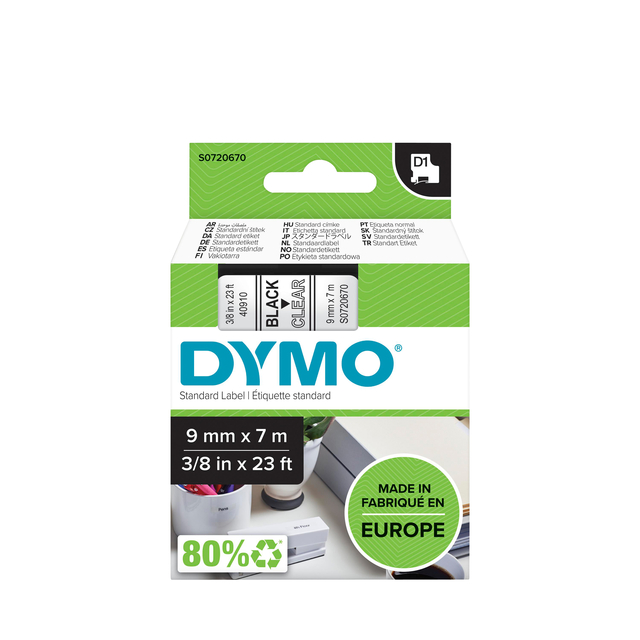 Labeltape Dymo LabelManager D1 polyester 9mm zwart op transparant