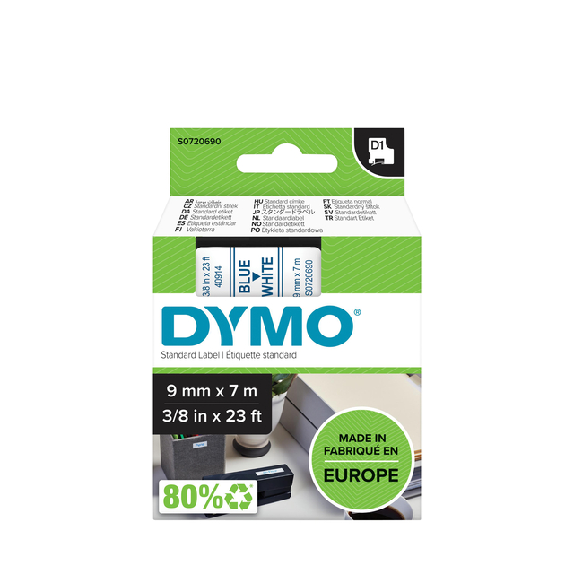 Labeltape Dymo LabelManager D1 polyester 9mm blauw op wit