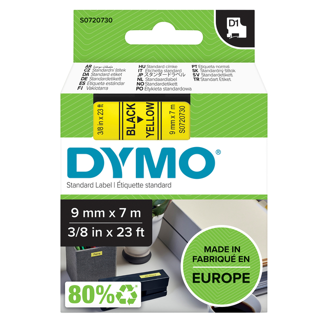 Labeltape Dymo LabelManager D1 polyester 9mm zwart op geel