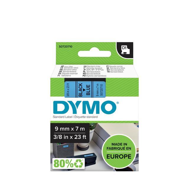 Labeltape Dymo LabelManager D1 polyester 9mm zwart op blauw