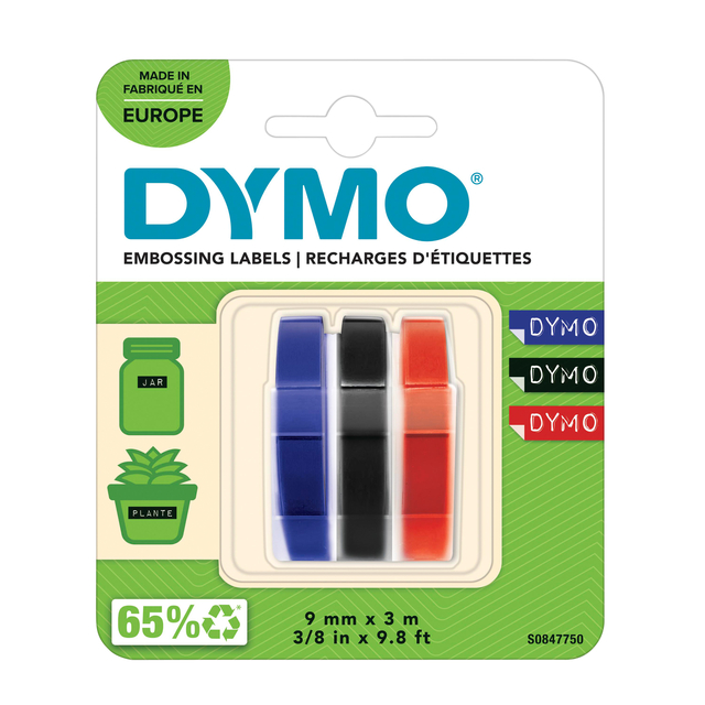 Reliëftape Dymo embossing vinyl 9mm assorti 3 stuks