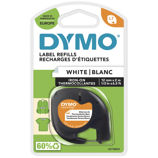 Labeltape Dymo LetraTag strijkbaar 12mm zwart op wit