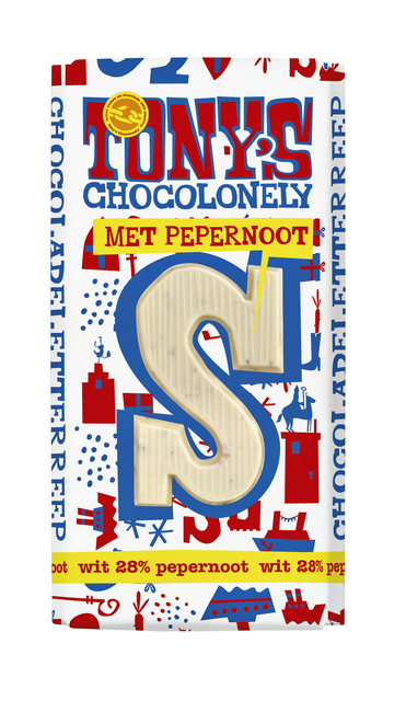 Chocoladeletter Tony’s Chocolonely wit pepernoot S 180gr