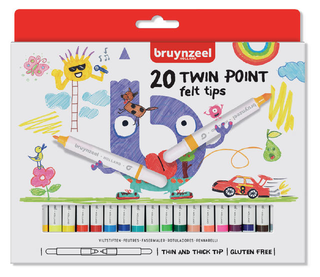 Viltstift Bruynzeel Kids Twin Points blister à 20 stuks assorti