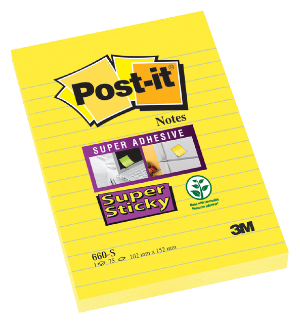 Memoblok Post-it 660 Super Sticky 102×152 geel met lijn 75 vel