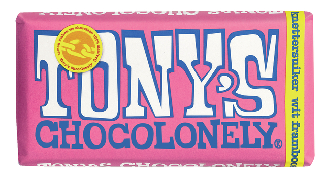 Chocolade Tony’s Chocolonely wit framboos knettersuiker reep 180gr