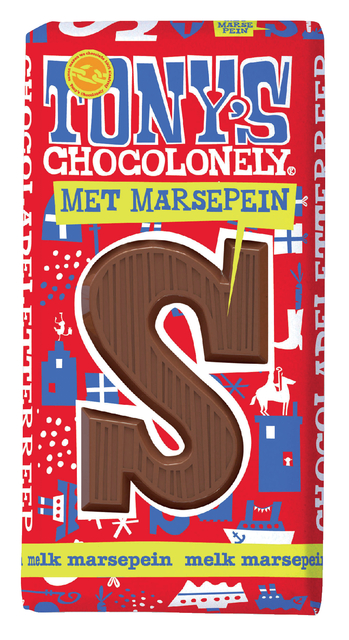 Chocoladeletter Tony’s Chocolonely melk marsepein S 180gr