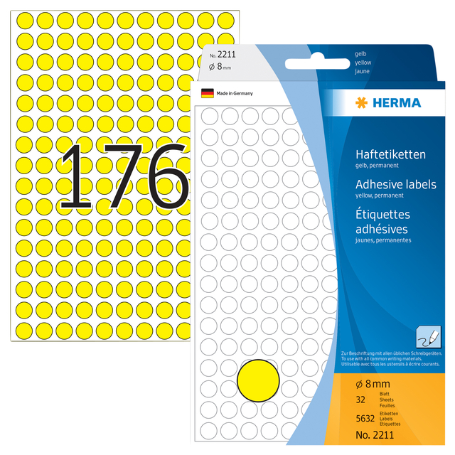 Etiket HERMA 2211 rond 8mm geel 5632stuks