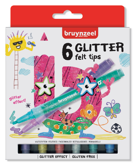 Viltstift Bruynzeel Kids glitter blister à 6 stuks assorti